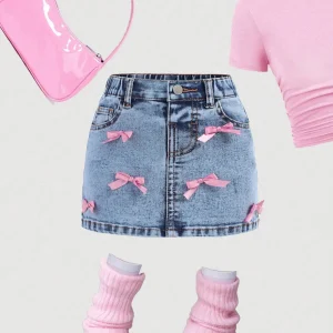 Pink Bow Denim Mini Skirt