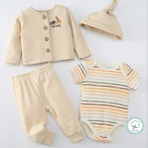 4pcs Outfit Including Thick Coat, Long Pants, Triangle Romper And Hat, Cotton
