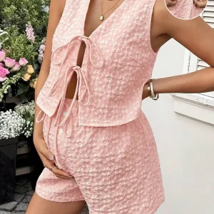 Maternity  Sleeveless Tie Front Top And Shorts Set